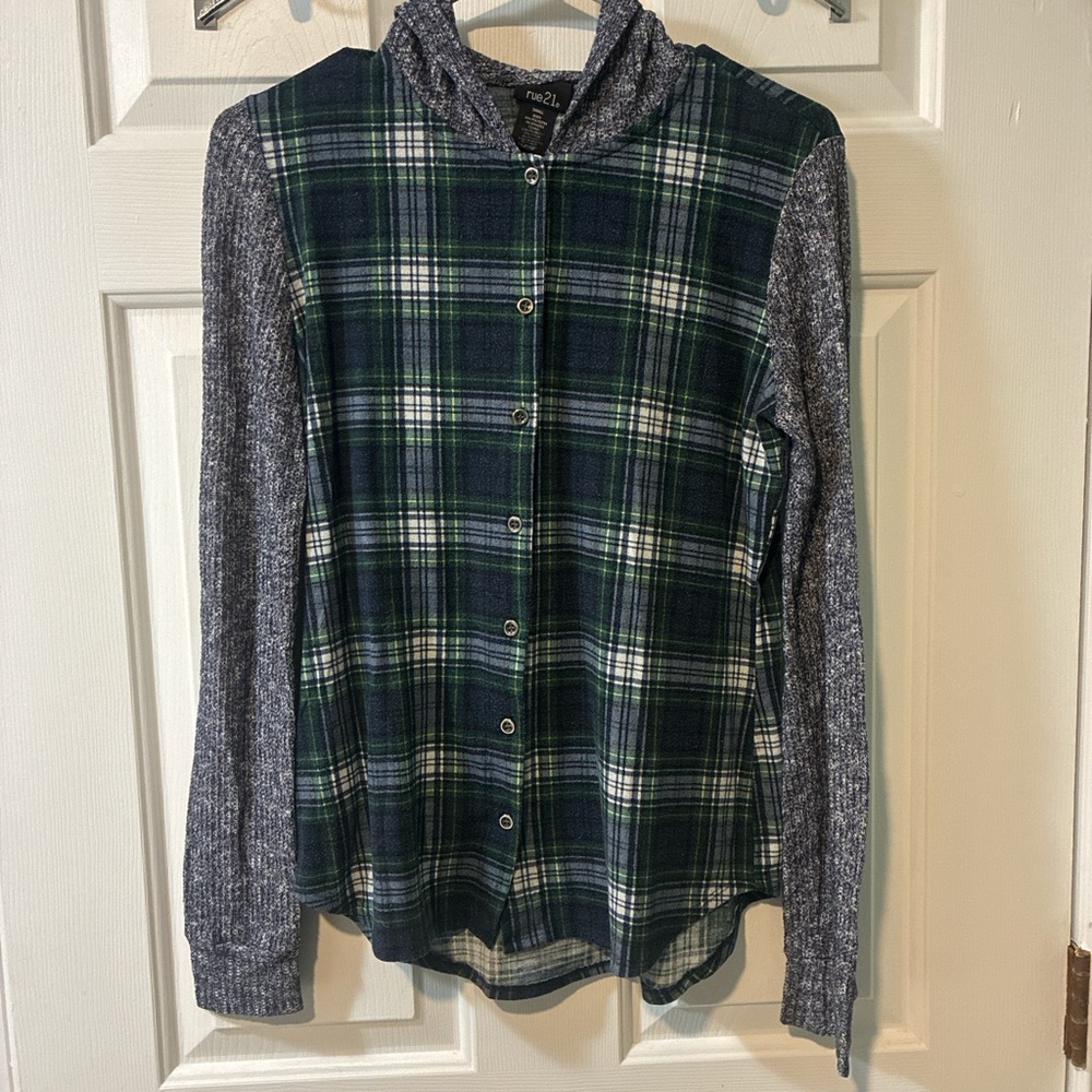 Rue21 Blue and Green Plaid Button-Up Hoodie